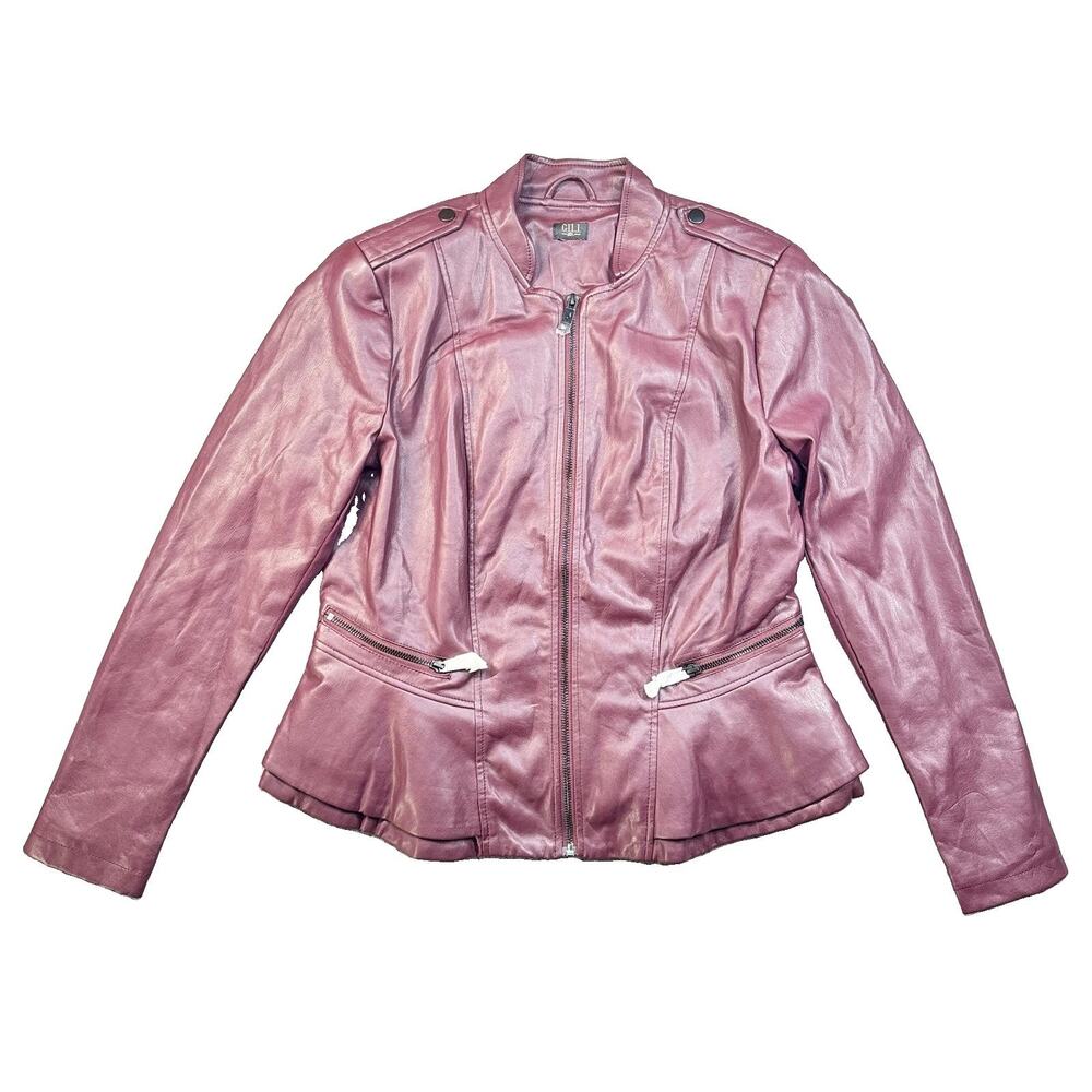 G.I.L.I. Women’s XL Burgundy Faux Leather Peplum Moto Jacket 1608